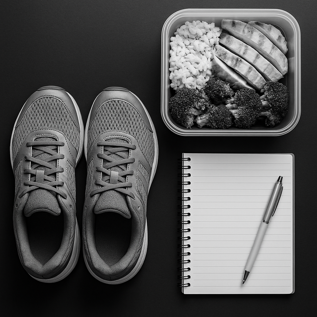 A pair of shoes , a notebook , a pen , and a container of food on a table.