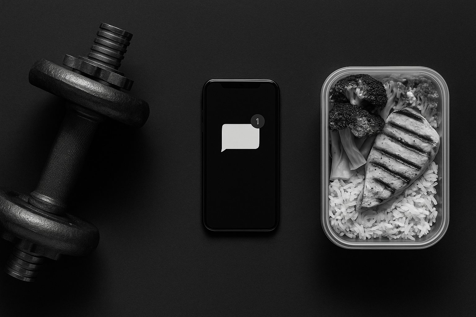 A black and white photo of a dumbbell , a cell phone , and a container of food.