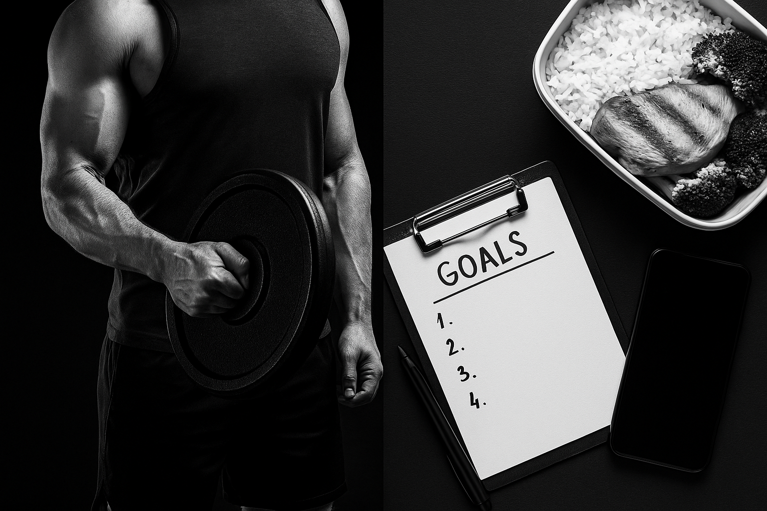 A man is lifting a barbell next to a clipboard that says goals