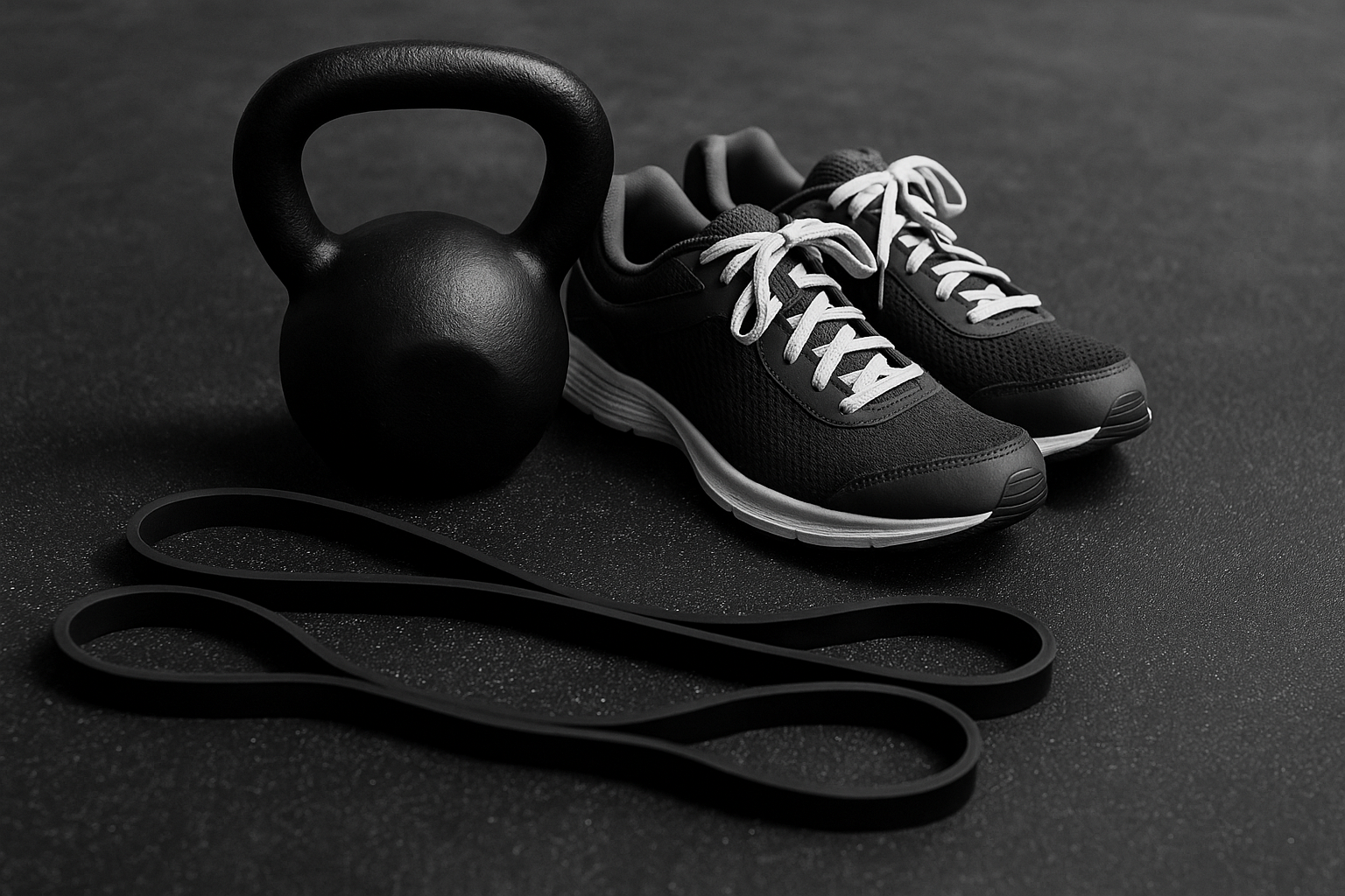 A pair of shoes , a kettlebell , and a resistance band are on the floor.