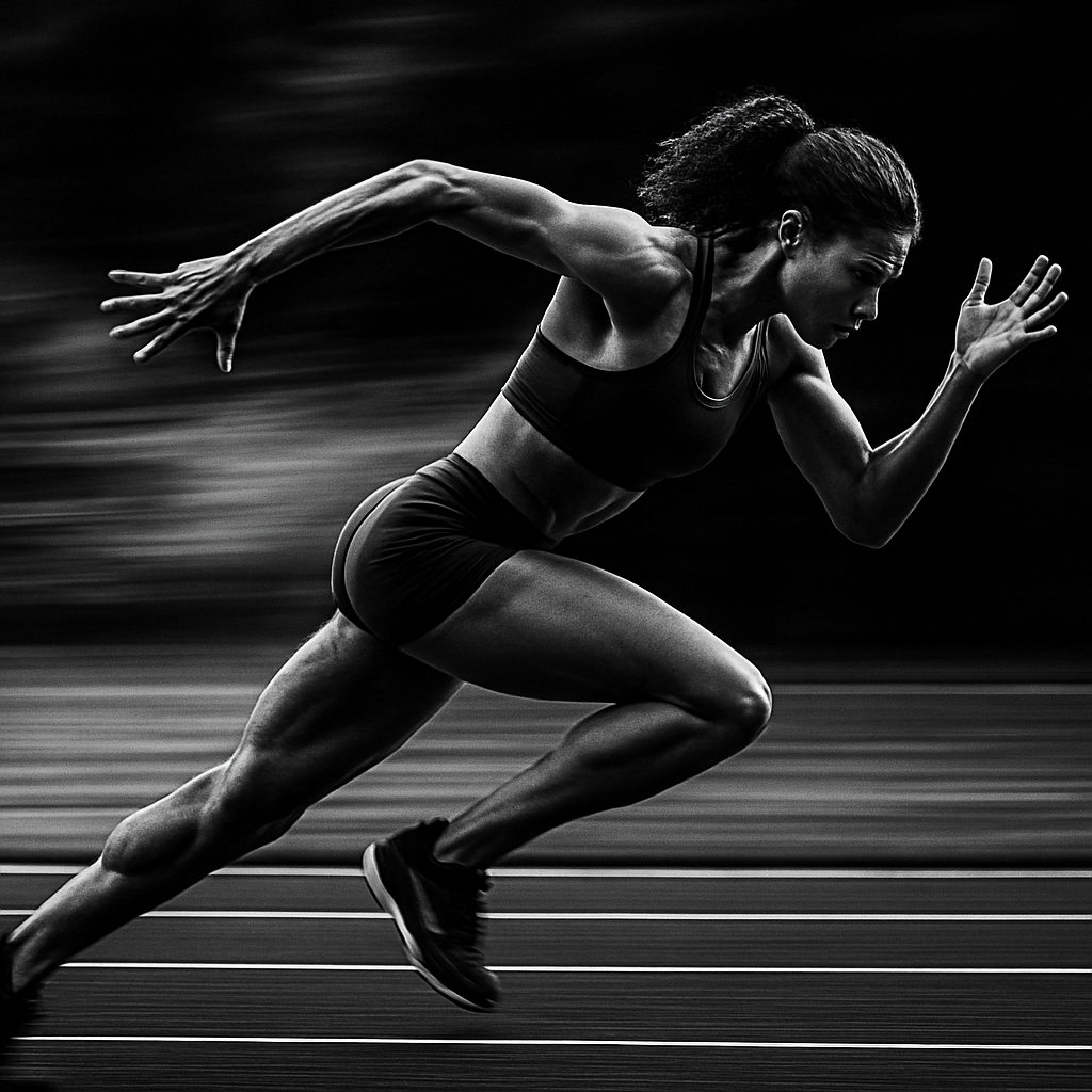 A black and white photo of a woman running on a track.