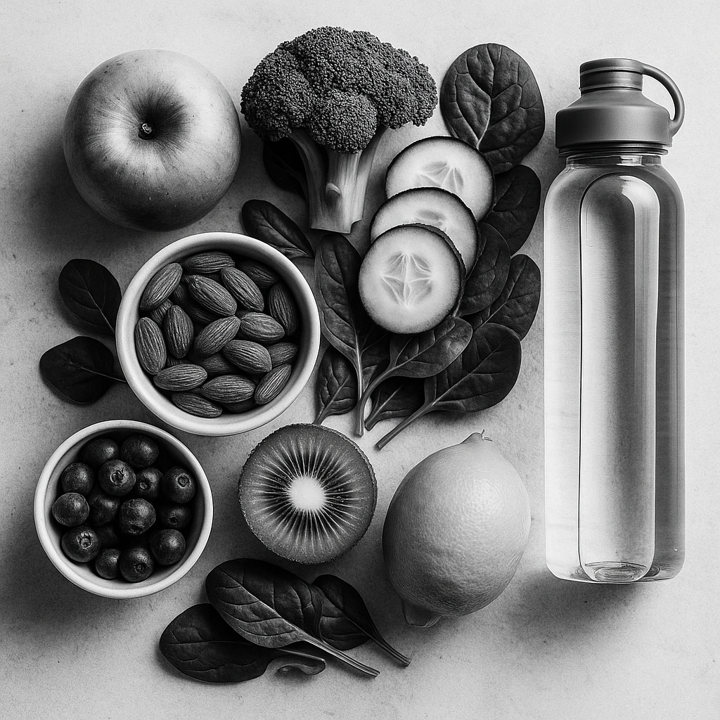 A black and white photo of fruits and vegetables and a water bottle.