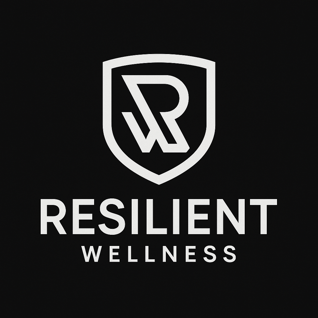 A black and white logo for a company called resilient wellness.