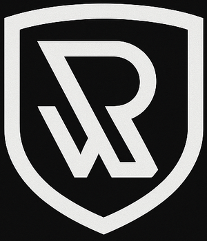 A white letter r in a black shield on a black background.