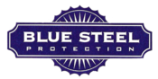 Blue Steel Protection logo: blue rectangular frame with text