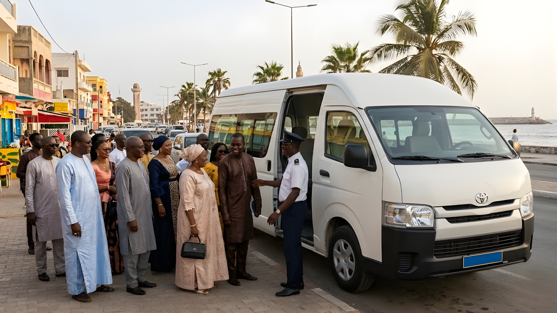People in formal attire near a white van by a coastal road; a uniformed person opens the van door.