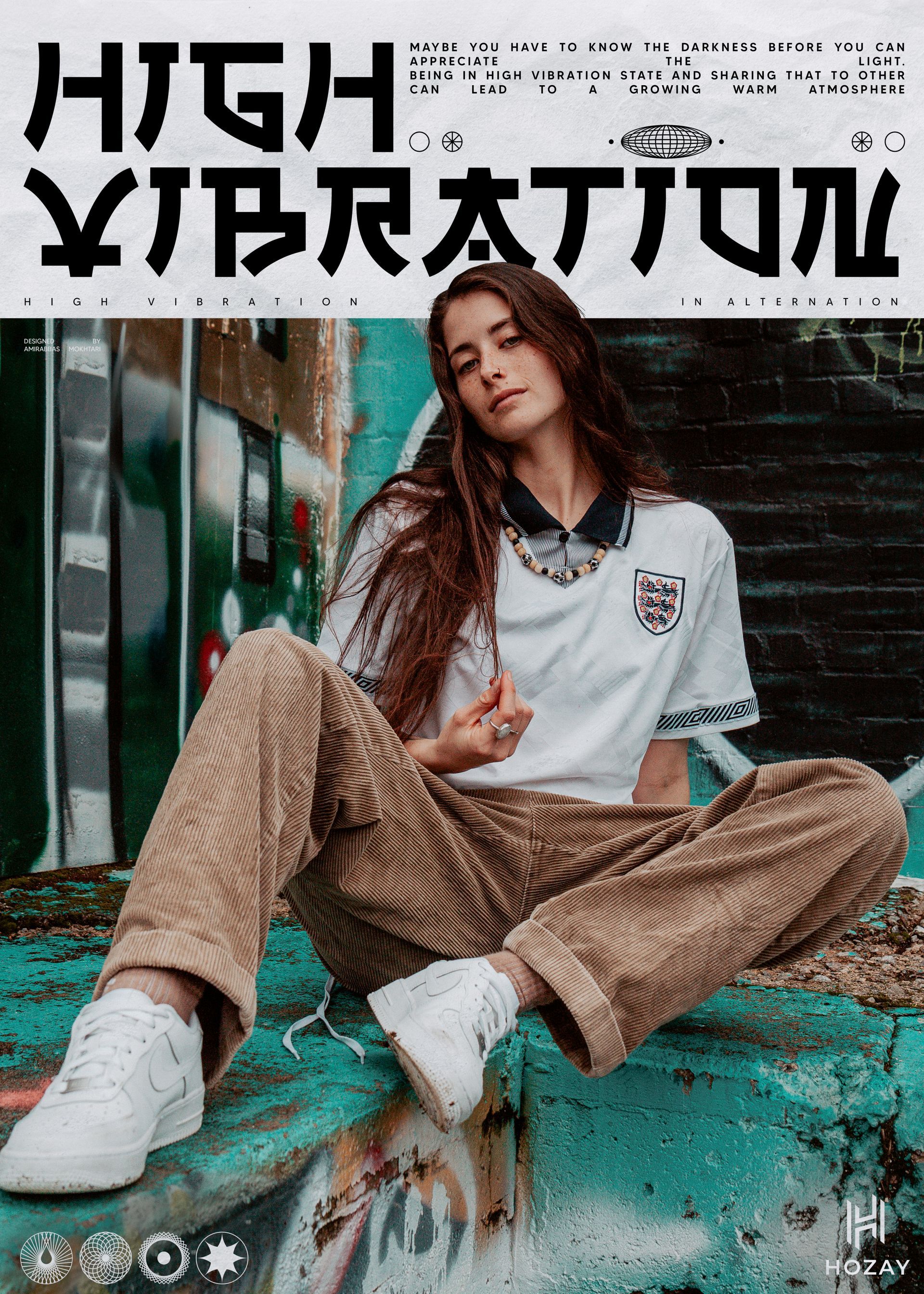 Woman in white shirt and brown pants sitting, graffiti background, text 