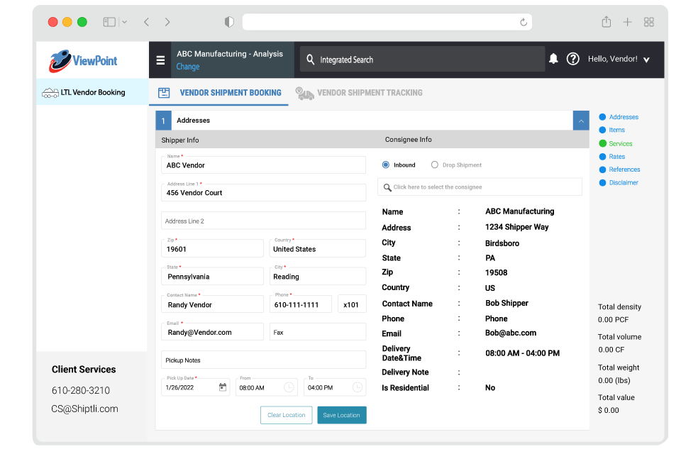 Vendor shipment booking portal
