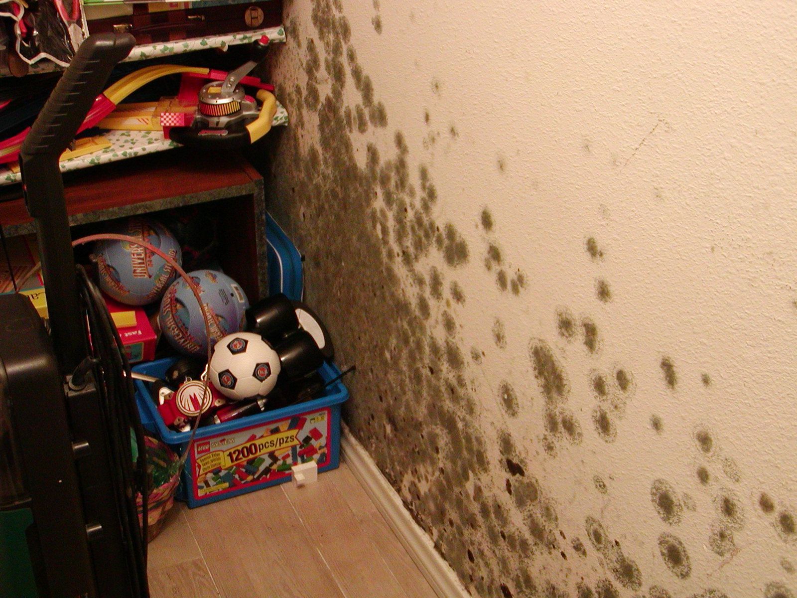 A corner of a room with mould on the wall