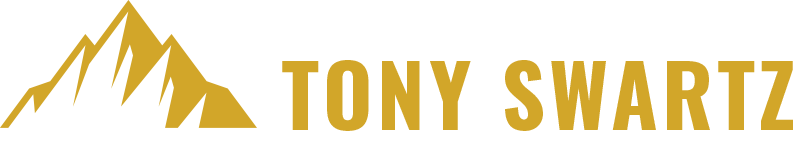 A logo for tony swartz with a mountain in the background