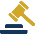 A judge 's gavel is sitting on top of a blue block.