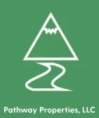 White mountain with jagged top and river, Pathway Properties logo on green background.