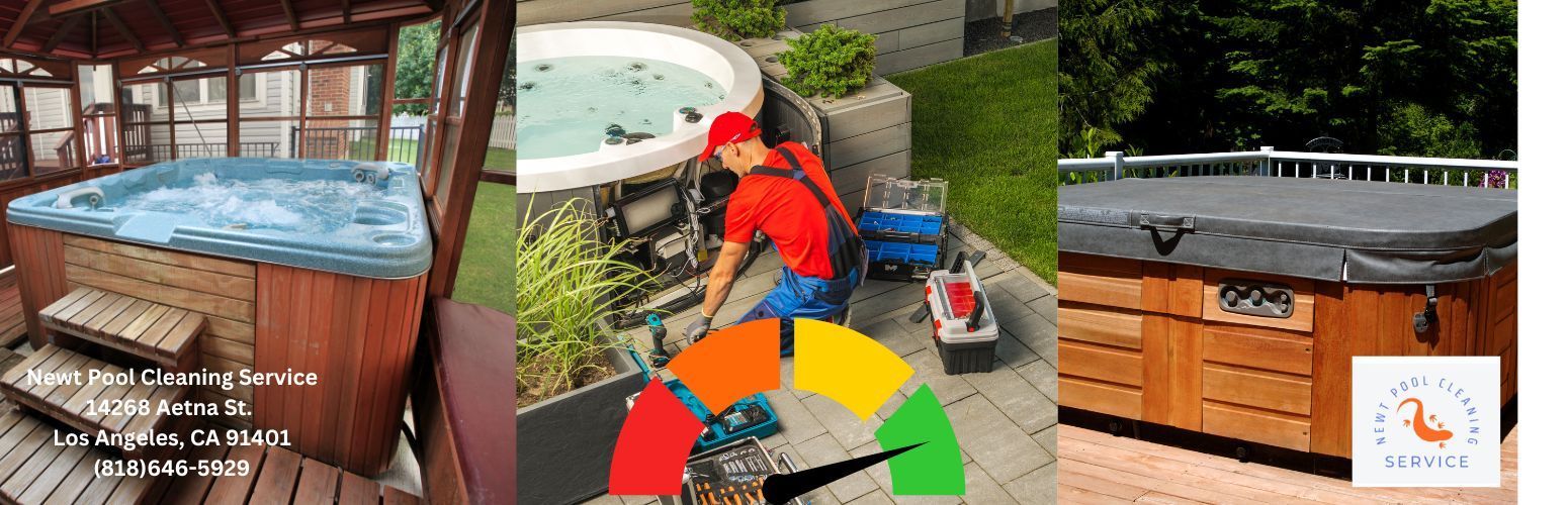 A collage of three pictures of a hot tub and a man cleaning it.