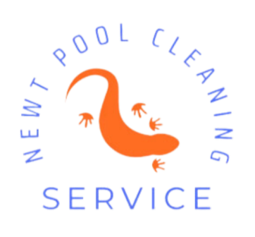 A logo for newt pool cleaning service with an orange lizard