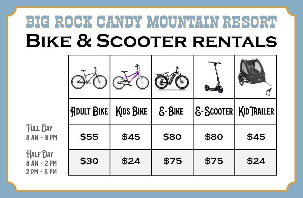 A sign for big rock candy mountain resort bike and scooter rentals.