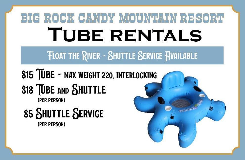 A sign for big rock candy mountain resort tube rentals