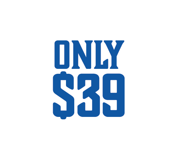 A blue sign that says only $ 39 on a white background