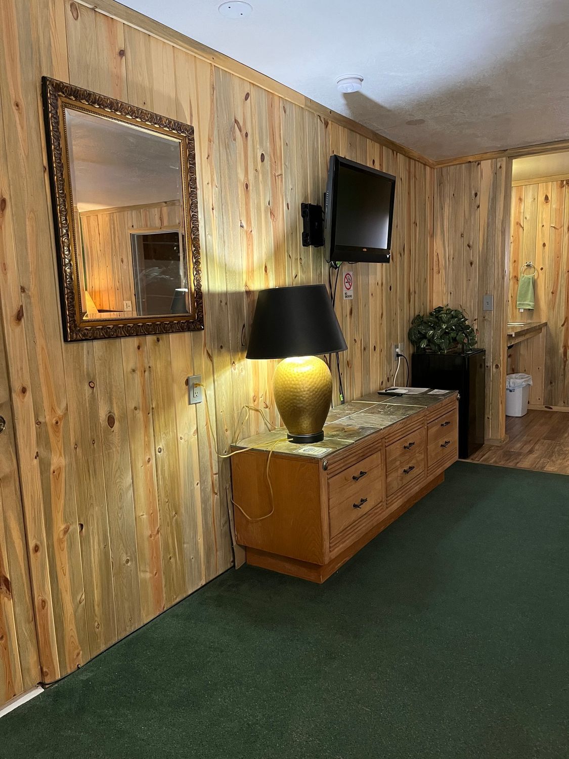 A living room with wood paneling , a lamp , a mirror and a flat screen tv.