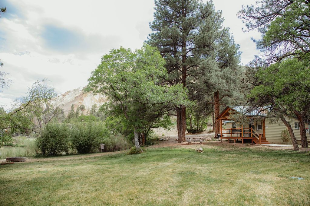 A small cabin is sitting in the middle of a grassy field surrounded by trees.