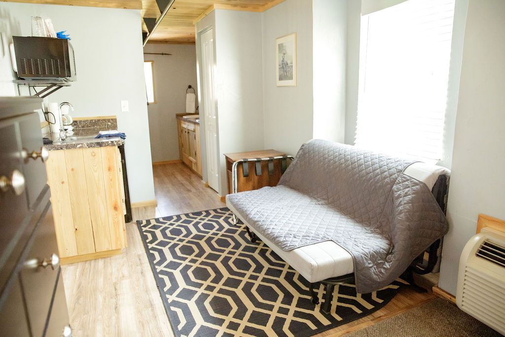 A living room with a couch and a rug