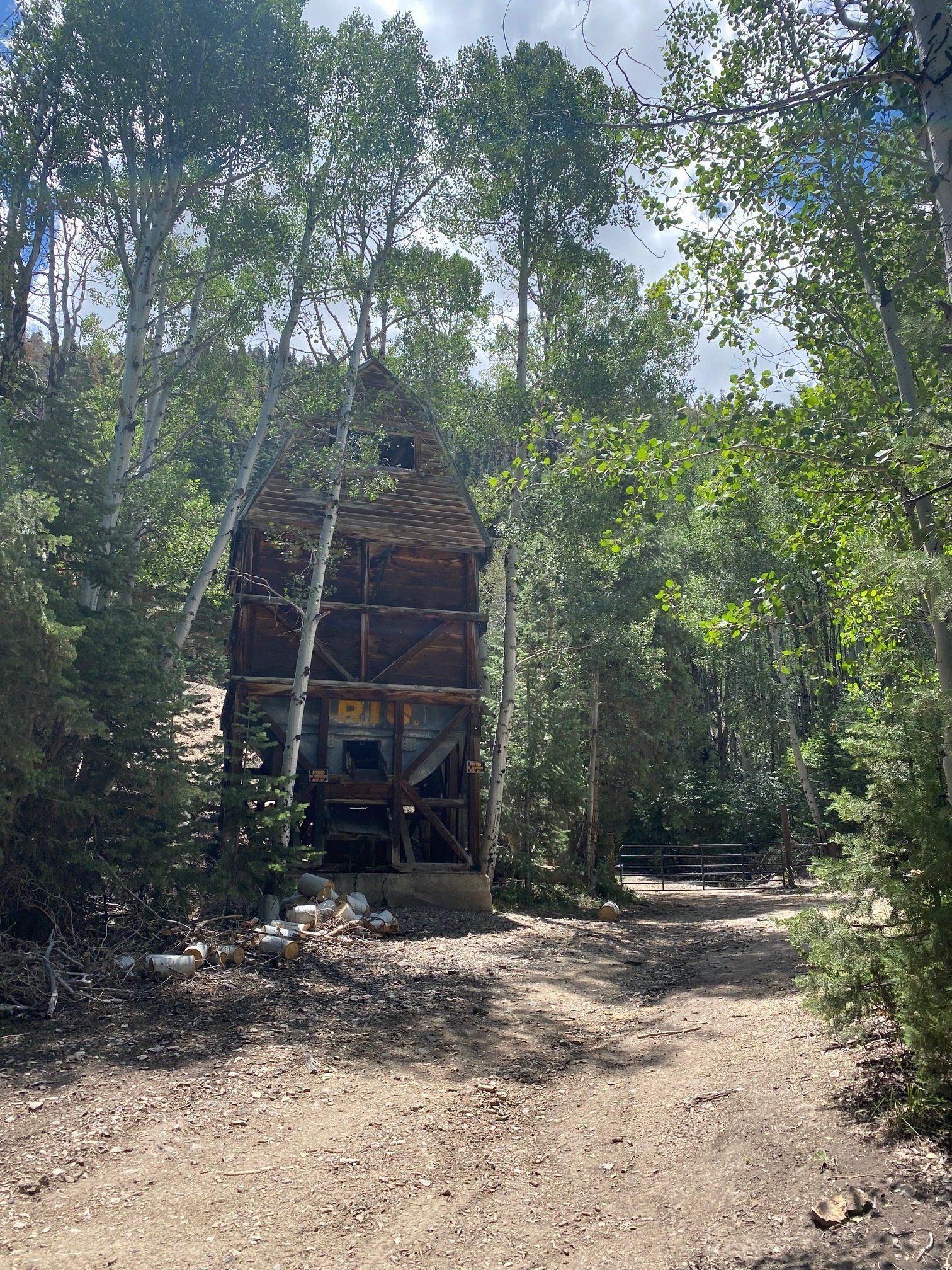 A dirt road leading to a building in the middle of a forest.