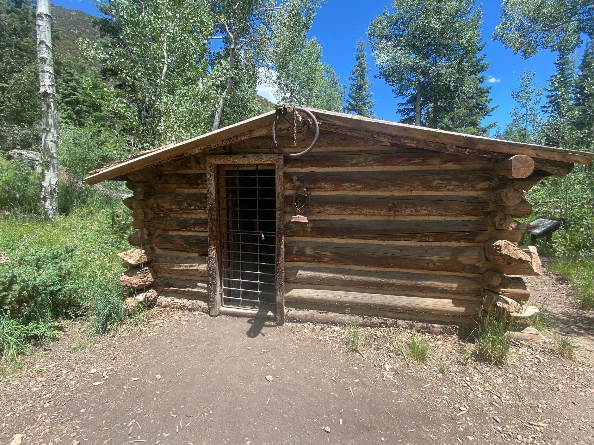 A small log cabin in the middle of a forest.