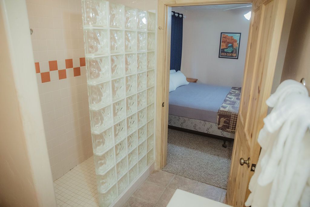 A bathroom with a walk in shower and a bed in the background.