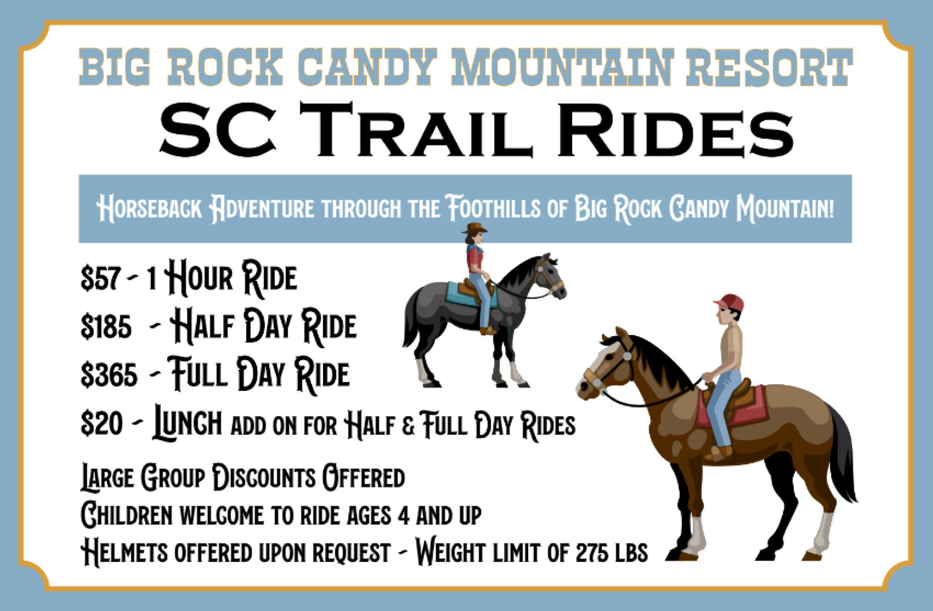 A sign for big rock candy mountain resort sc trail rides