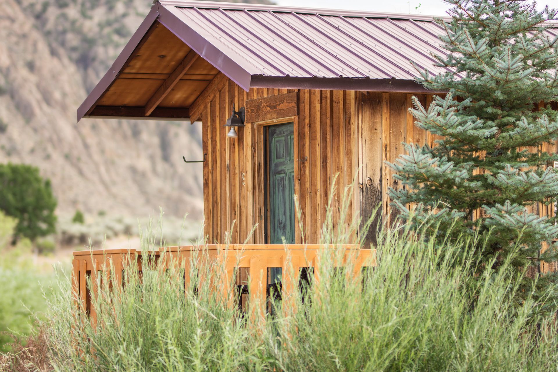 A small wooden cabin with a metal roof in the middle of a field.