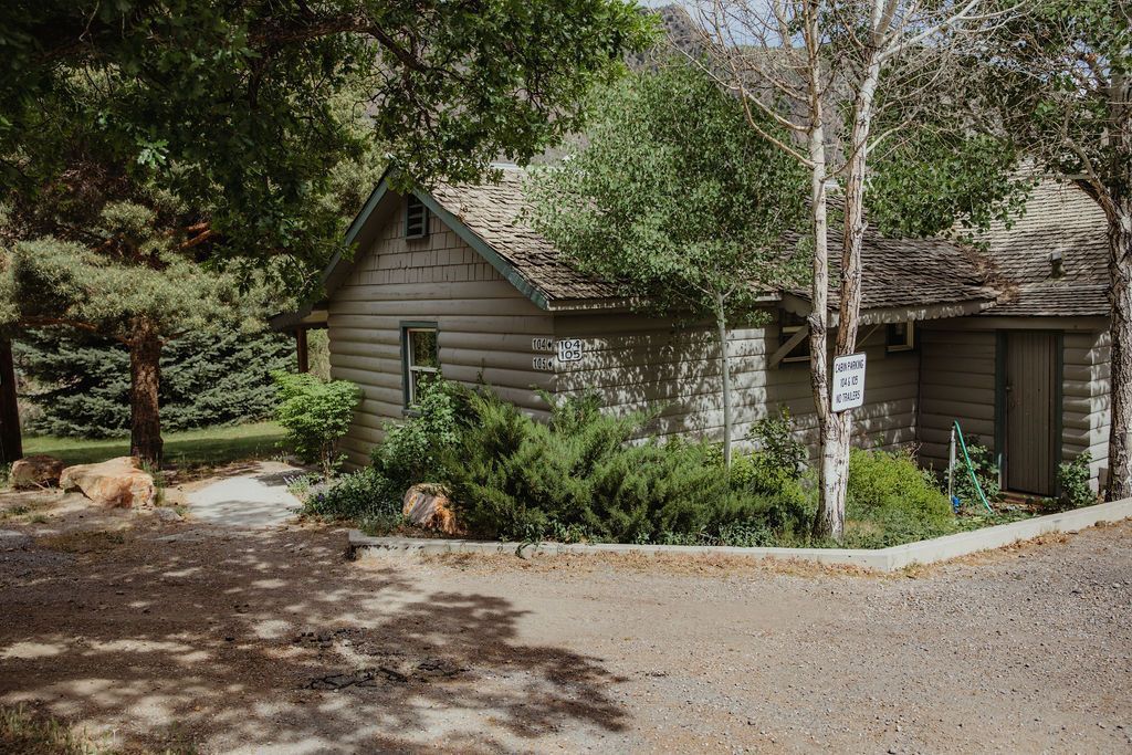 A small log cabin is surrounded by trees and bushes in the middle of a dirt road.