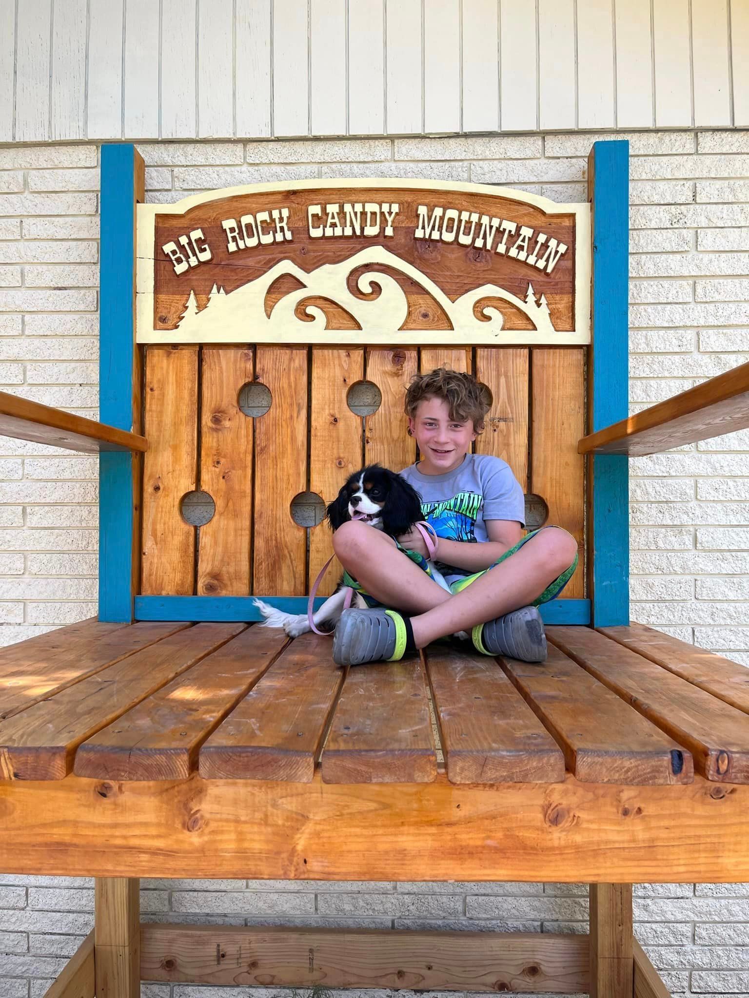 A young boy is sitting on a wooden bench holding a dog.