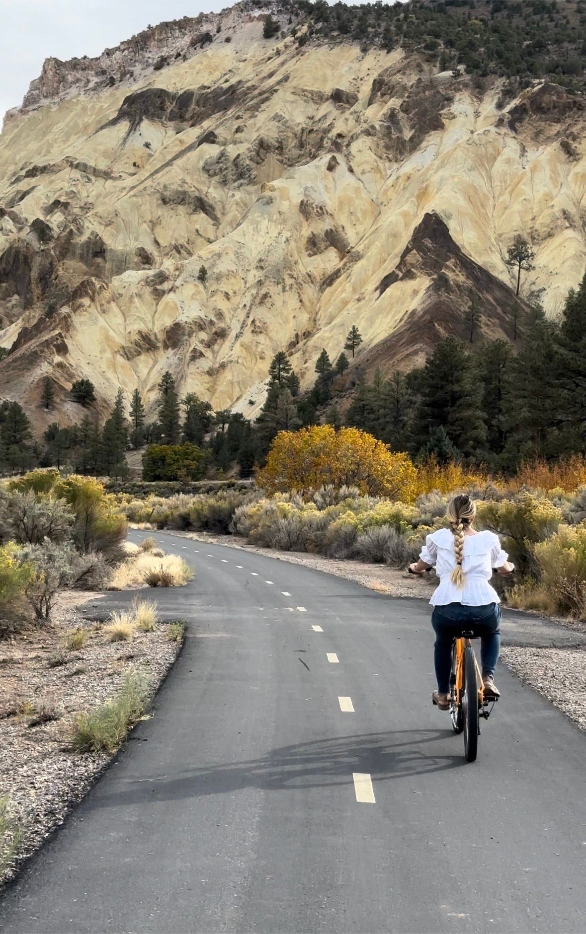 A woman is riding a bike down a road with mountains in the background.