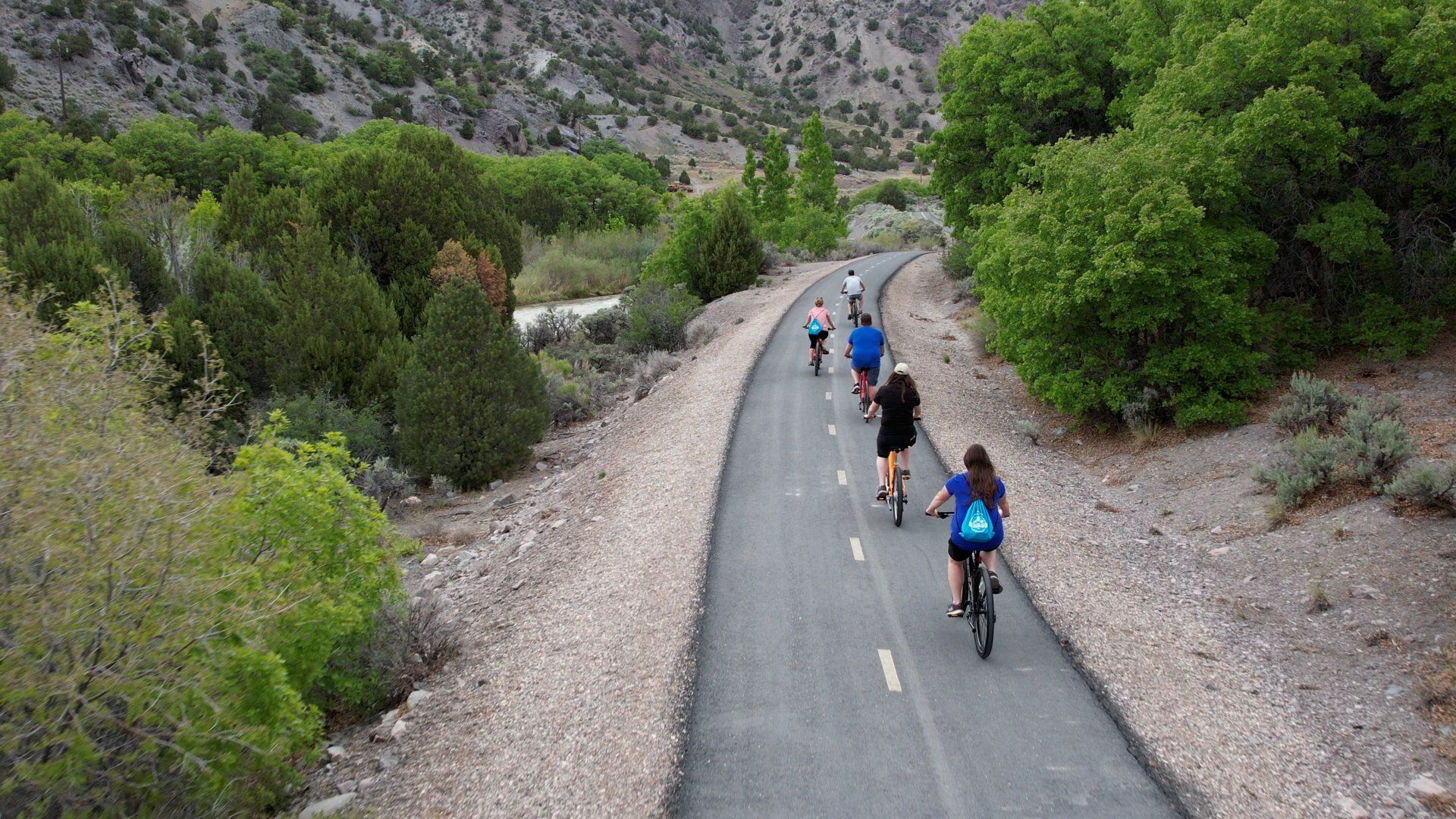 A group of people are riding bikes down a road.