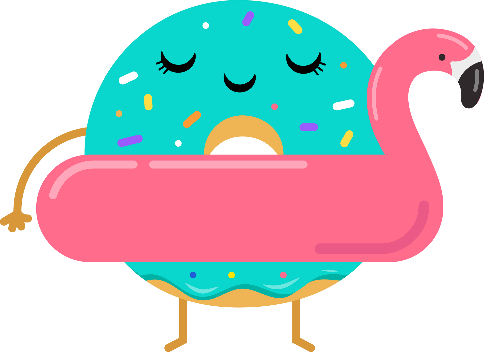 A donut with arms and legs is holding a pink flamingo float.