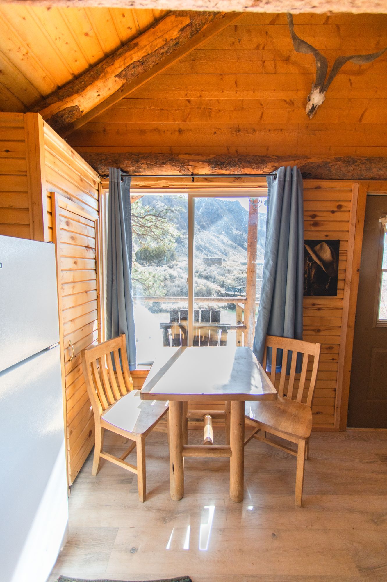 A wooden cabin with a table and chairs and a skull on the wall.