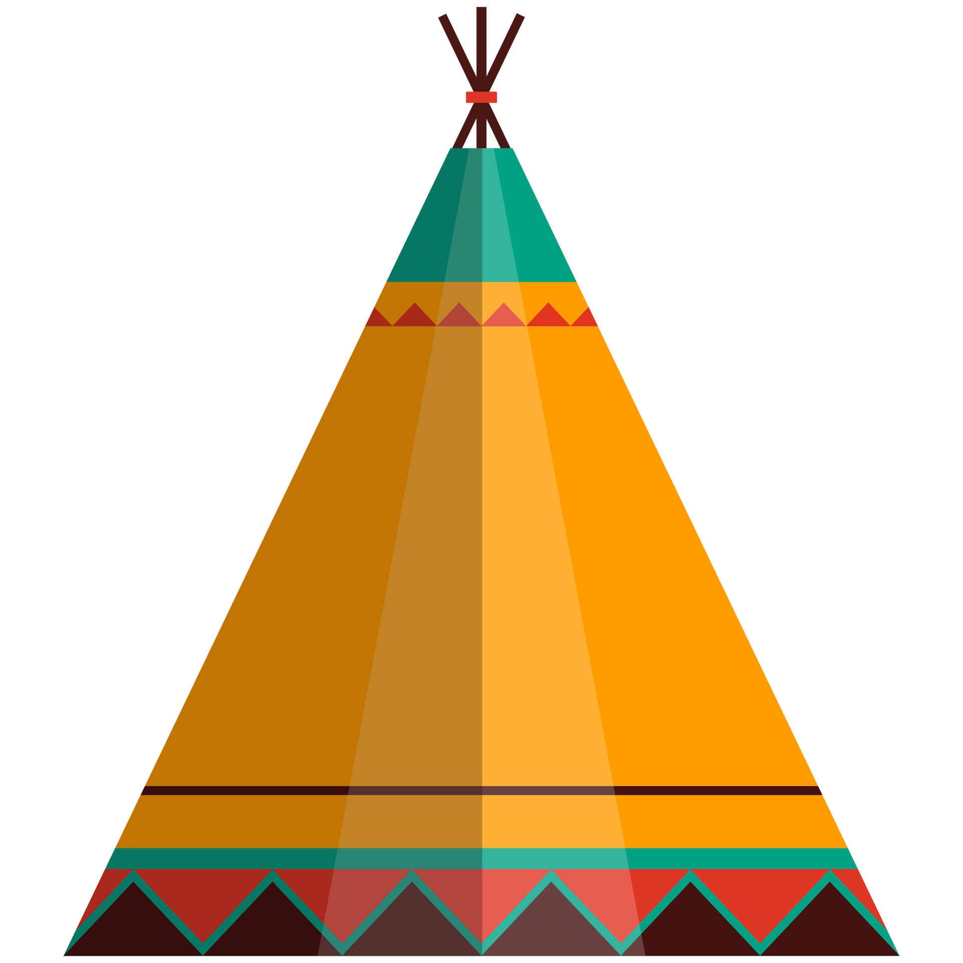 A teepee with a red , yellow , and green pattern on it