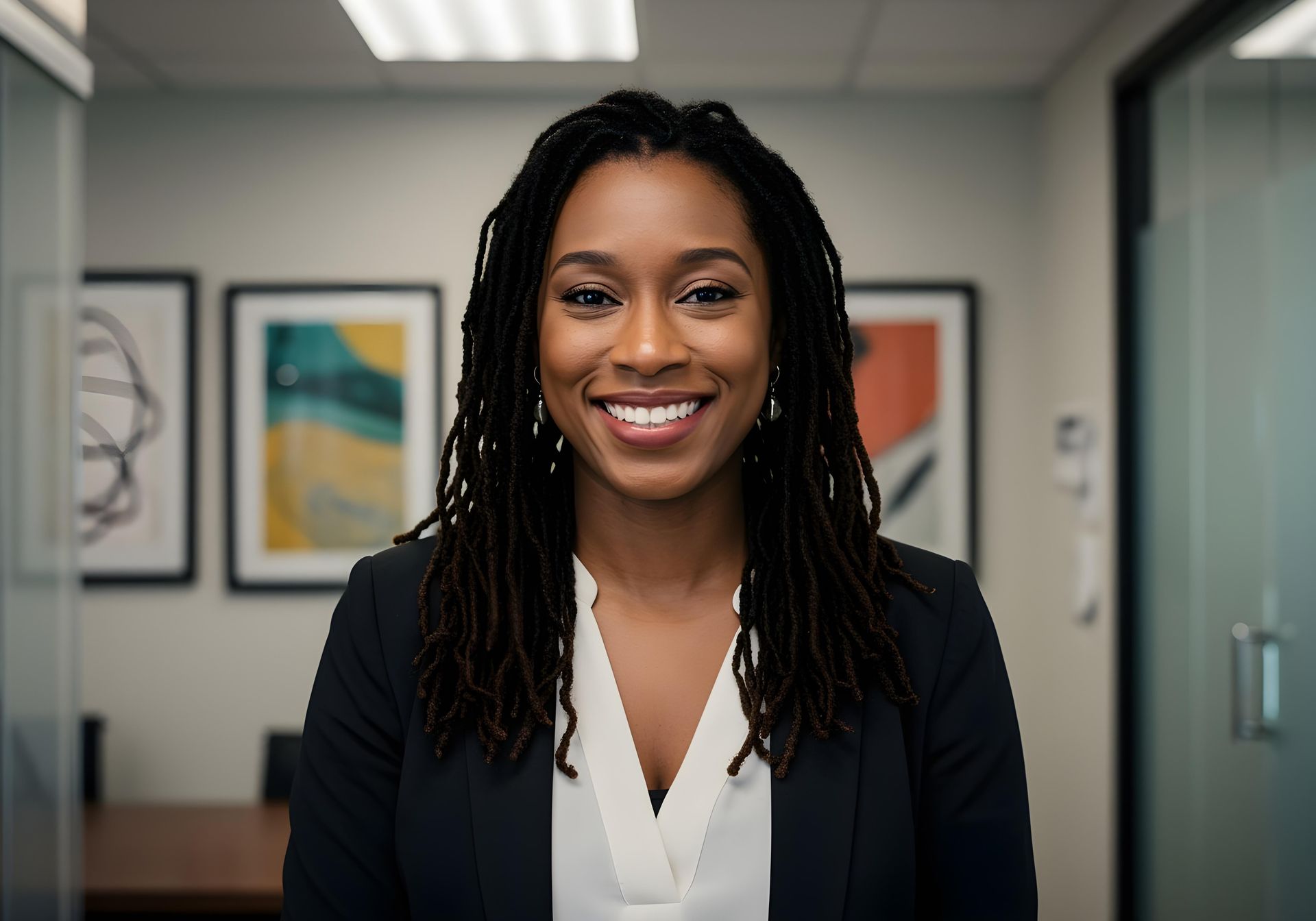 A woman with dreadlocks is smiling for the camera in an office.