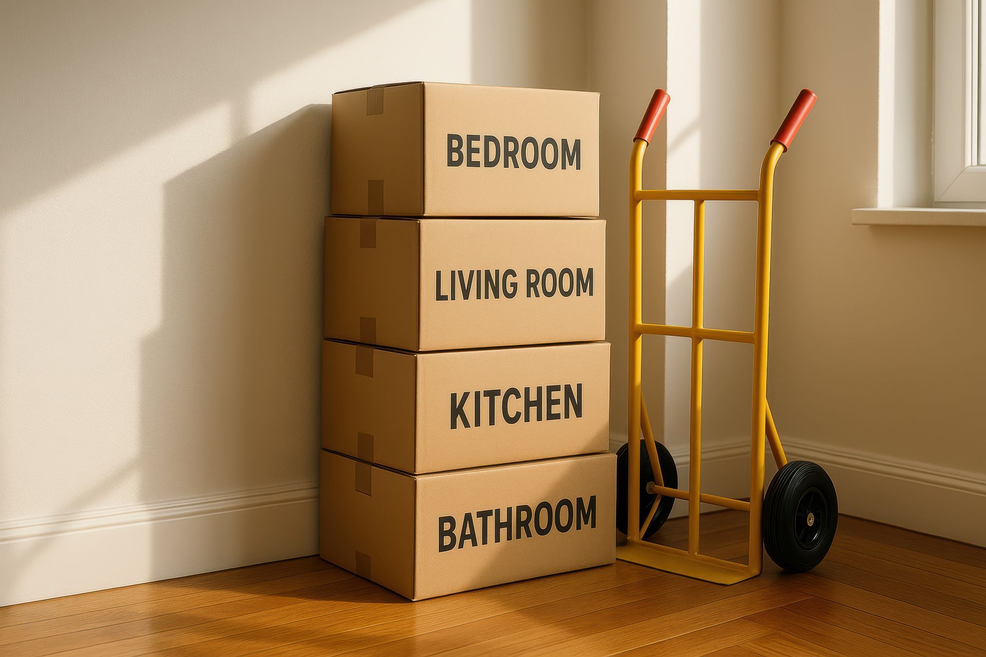 Four cardboard boxes are stacked on top of each other in an empty room.