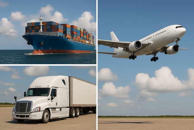 A collage of a truck , a ship , and an airplane.
