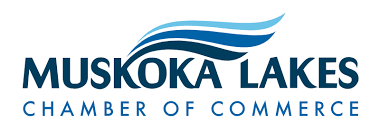 Muskoka Lakes Chamber of Commerce logo with blue wave over dark blue text.