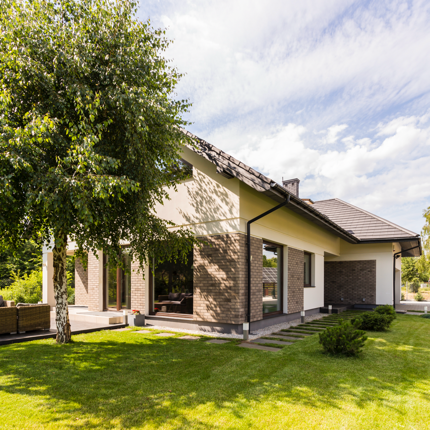 A Sunny, Modern Brick Home With a Green Lawn & Tree Out Front. Contact Conyers Realty to Buy or Sell