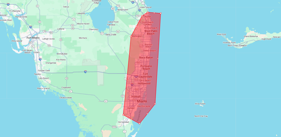 Service area map highlighting Broward, Miami-Dade, and Palm Beach counties in Florida