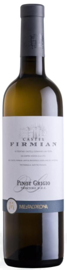 Bottiglia di vino con etichetta bianca, il marchio è Castel Firmian, la tipologia di vino è Pinot Grigio.