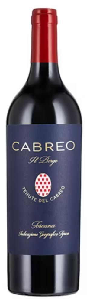 Bottiglia di vino con etichetta blu scuro, Cabreo, Tenute del Cabreo, con tappo rosso.