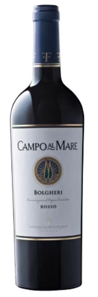 Bottiglia di vino Campo al Mare Bolgheri Rosso. Bottiglia di vino rosso scuro con etichetta bianca.