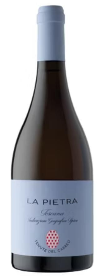 Bottiglia di vino Vermentino La Pietra con etichetta e tappo di colore azzurro.