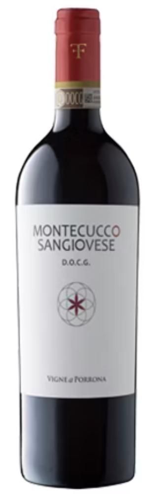 Bottiglia di vino Montecucco Sangiovese DOCG con etichetta bianca, vino rosso scuro e tappo rosso.