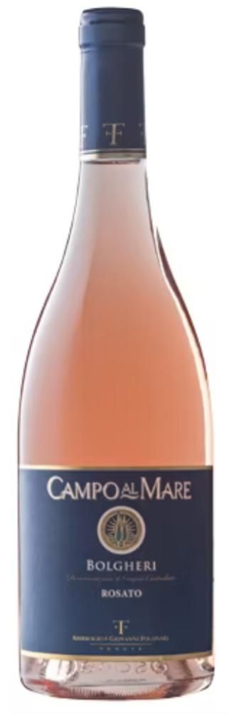 Bottiglia di vino Campo al Mare Bolgheri Rosato, un vino dal colore rosa in una bottiglia di vetro con etichetta blu scuro.