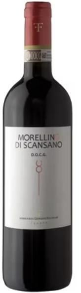Bottiglia di vino Morellino di Scansano con tappo rosso ed etichetta bianca con testo.