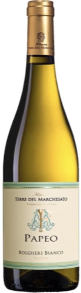 Wine bottle, Terre Del Marchesato, Papeo Bolgheri Bianco. Gold and off-white label.